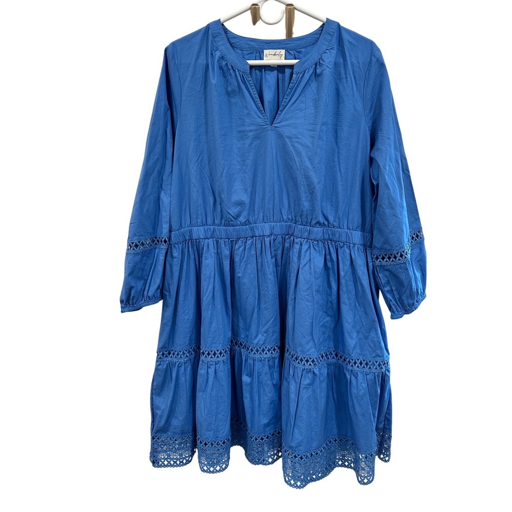 Wonderly Blue Cotton Crochet Eyelet Tiered Mini‎ Dress Long Sleeve V-Neck XL
